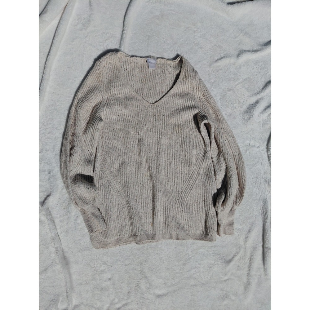 Chicos Cream Marl Knit V-Neck Sweater Balloon Sleeve Size 0 Small